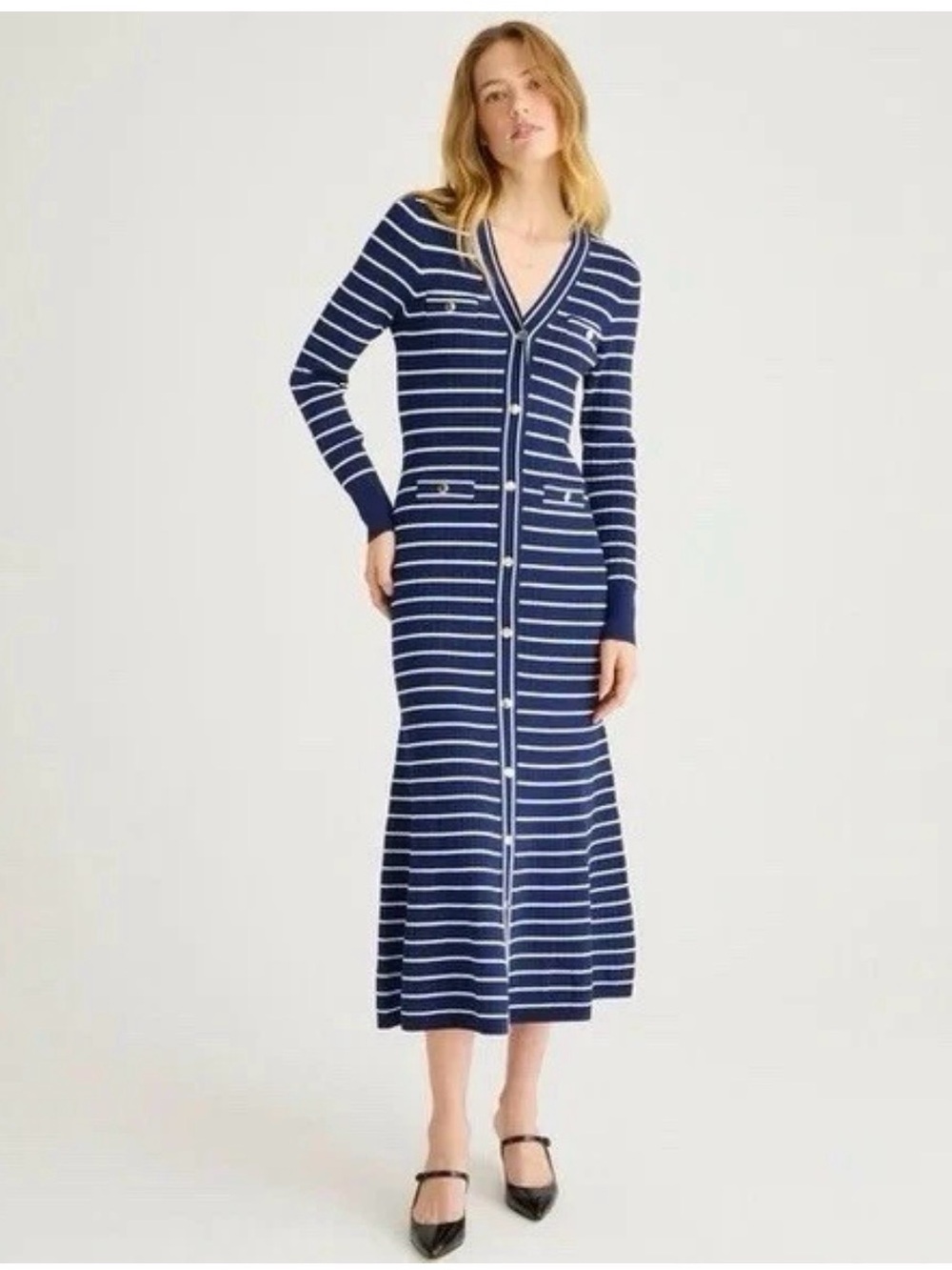 J Crew Striped Navy & White Button-Front Knit Maxi Dress, xs